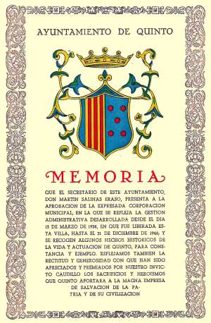 Quinto de Ebro 1949 - Portada de la memoria original del Ayuntamiento tal como se pblico